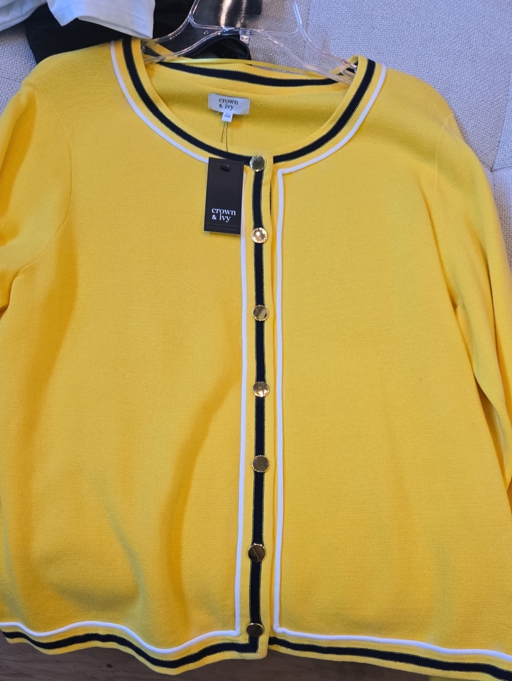 crown & ivy Bright Yellow Button-Front Cardigan with Navy Trim